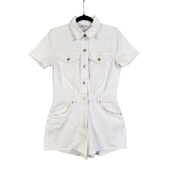 Zara Womens White Denim Romper Size Medium Snap Button Front Utility Boilersuit - Picture 2 of 13
